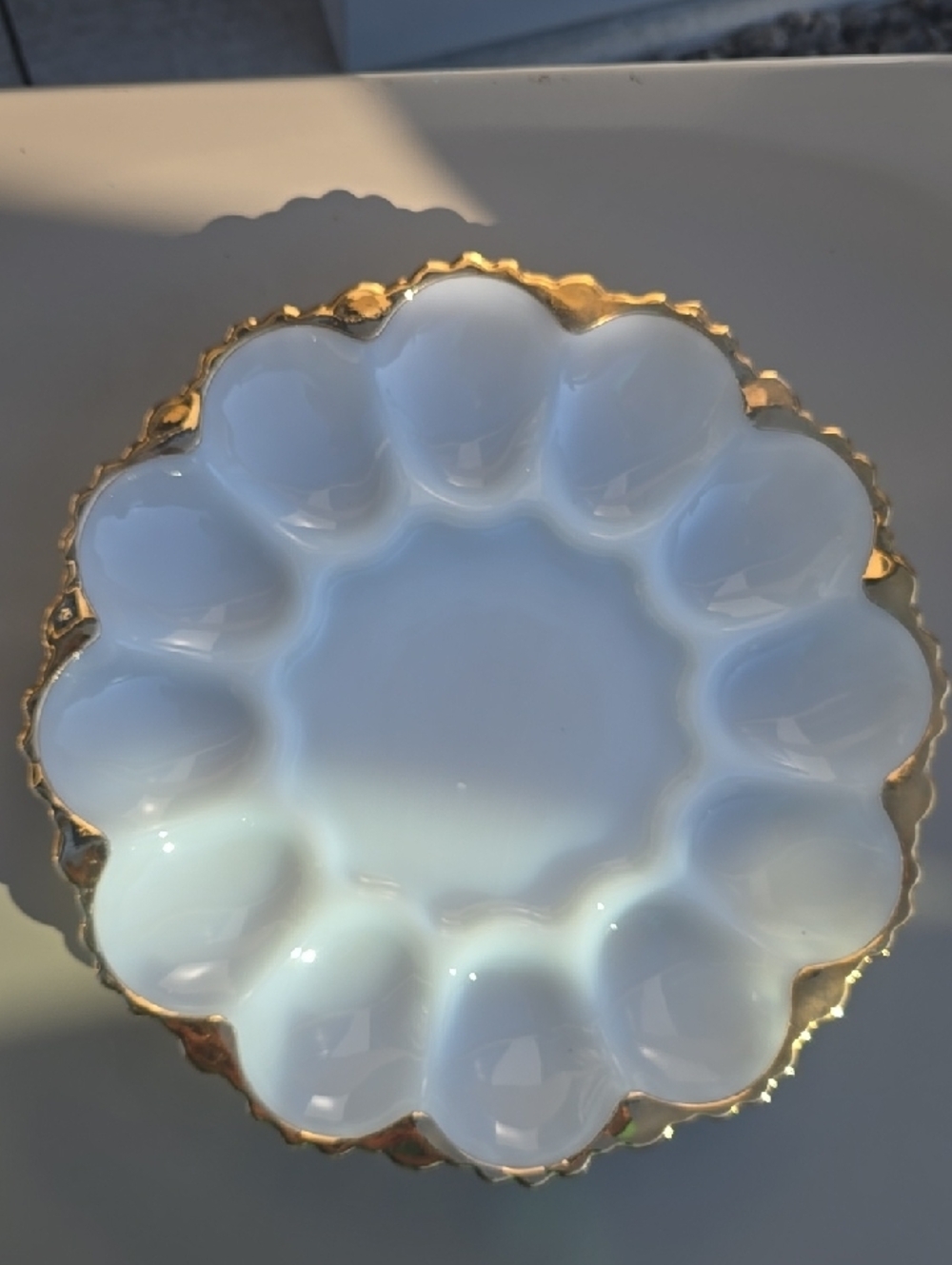 White Milk Glass Deviled Egg Platter with Gold Trim